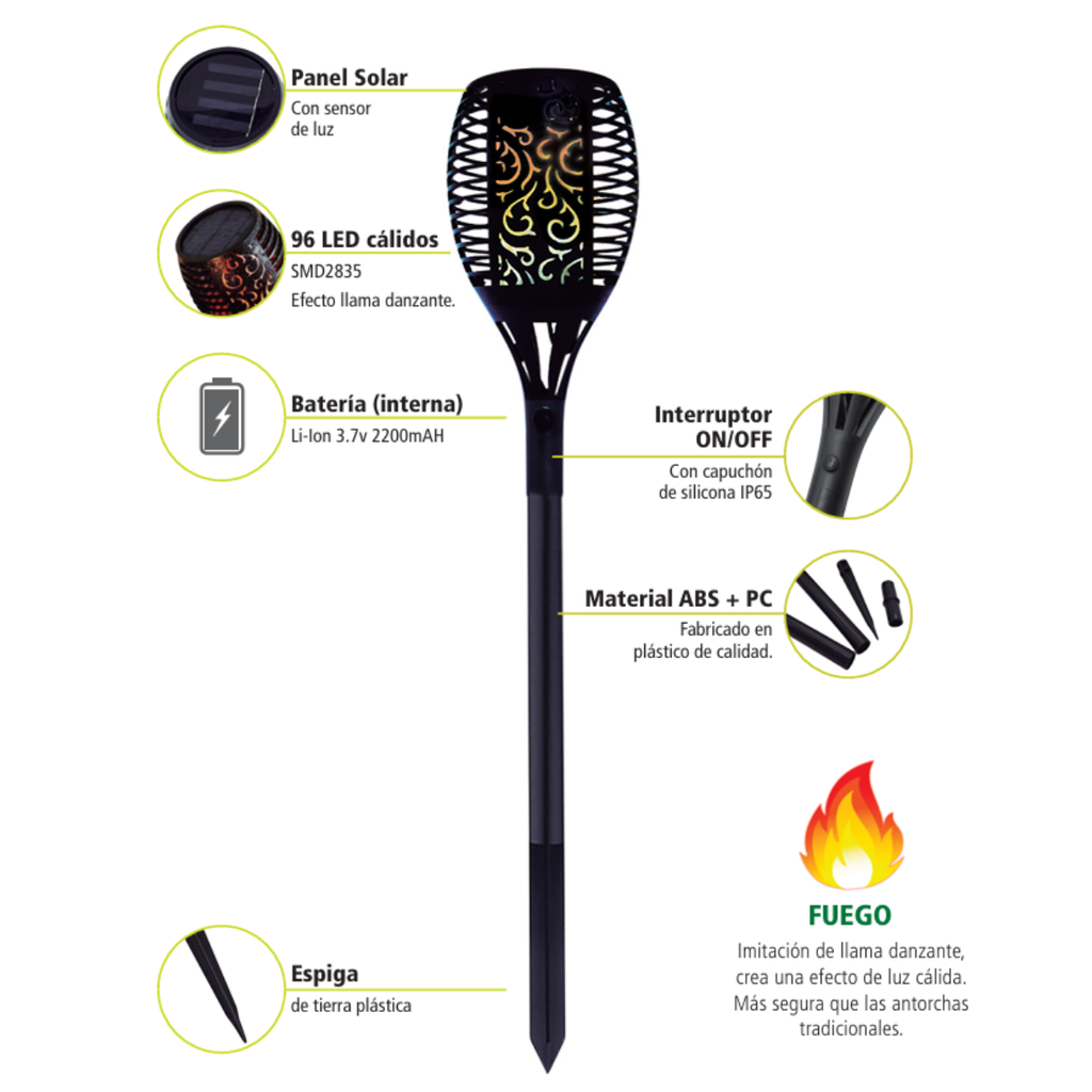 ANTORCHA A LED SOLAR AUTÓNOMA DE EXTERIOR - Batería Li-Ion 3,7V 2200mAh - Luz Cálida - Dimensión Ø 12,5 x 100cm
