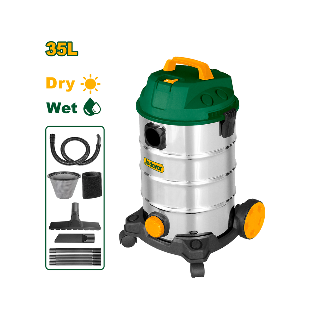 Aspiradora 1200W - Voltaje: 220-240V 50/60Hz - Capacidad: 35L - Con función de soplado - Manguera 1,5mts - Filtro de tela - Cable: 2mts - Presión de vacío: ≥18kPa - Ø manguera: 32mm - Incluye accesor.