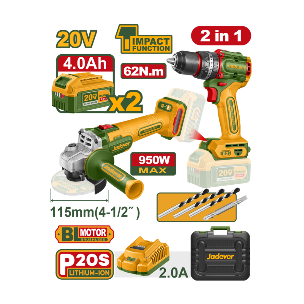 COMBO KIT INALAMBRICO 20V - AMOLADORA ANGULAR 4 1/2 (JDLAP5322) MAS TALADRO ATORNILLADOR CON PERCUSIÓN (JDCDP6281)