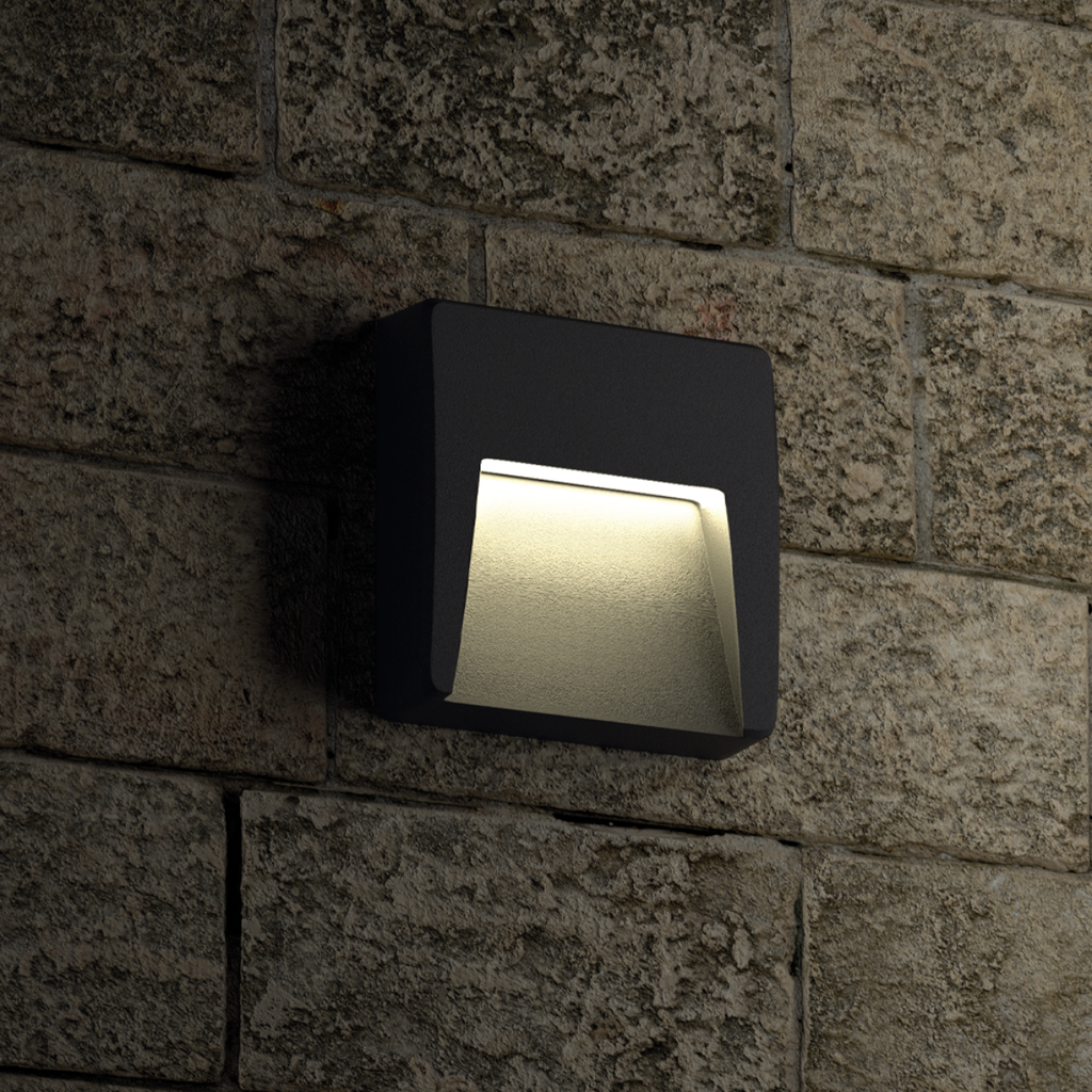 ARTEFACTO DE APLICAR EXTERIOR CUADRADO, COLOR NEGRO, UNIDIRECCIONAL, IP65, AC100-240V, 3W 100LM, RA>80, BLANCO CALIDO