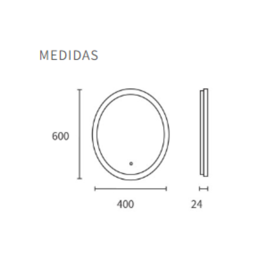 Espejo ovalado vertical de 40x60cm, luz calida; touch; 14w led en todo su contorno 