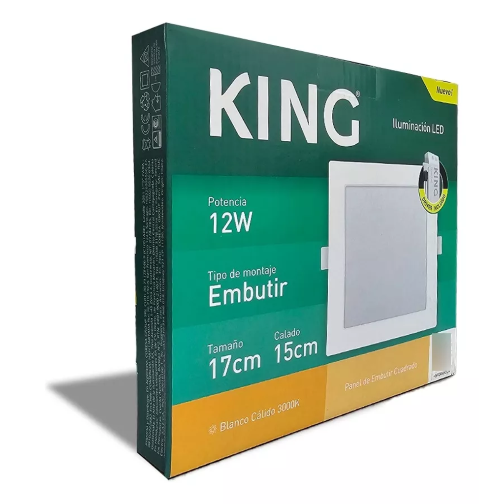 PANEL FLAT CUADRADO KING 12W AC165-265V CALIDO 3000K