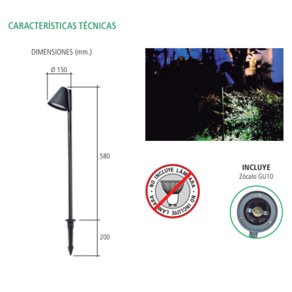 LUMINARIA DE JARDIN ESTACA TIPO SOMBRERO 220Vca - Aluminio - GU10