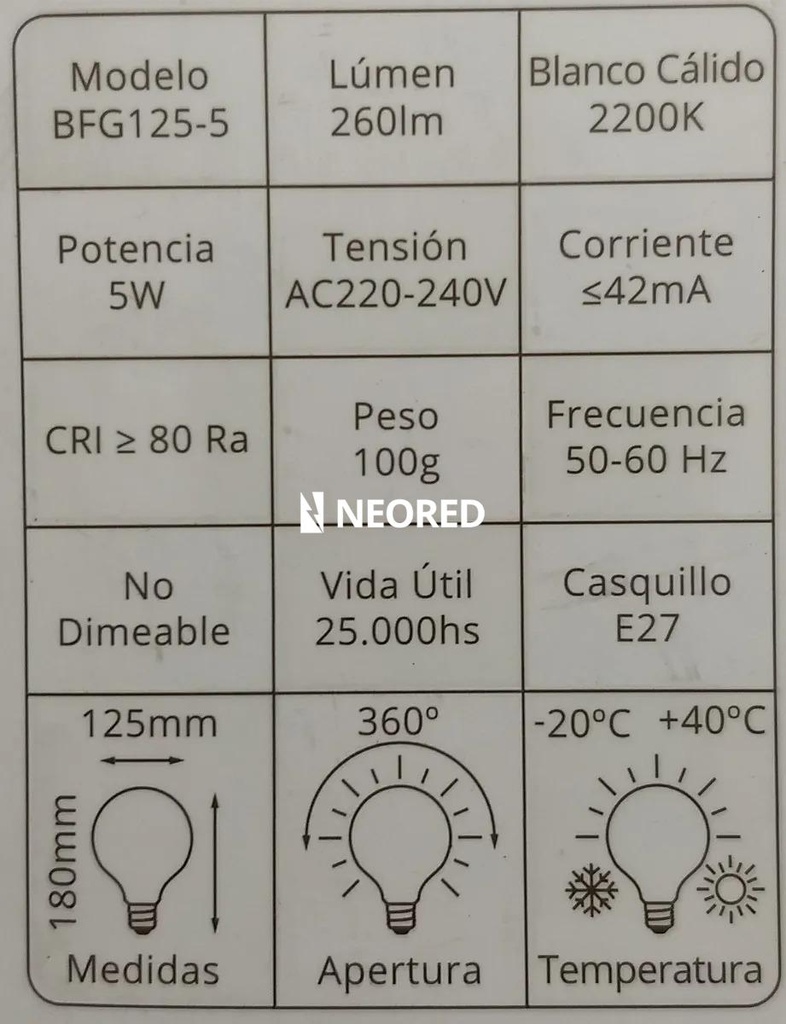 BULBO G125 FILAMENTO GOLDEN MACROLED 5W E27 AC180-265V AMBAR 2200K