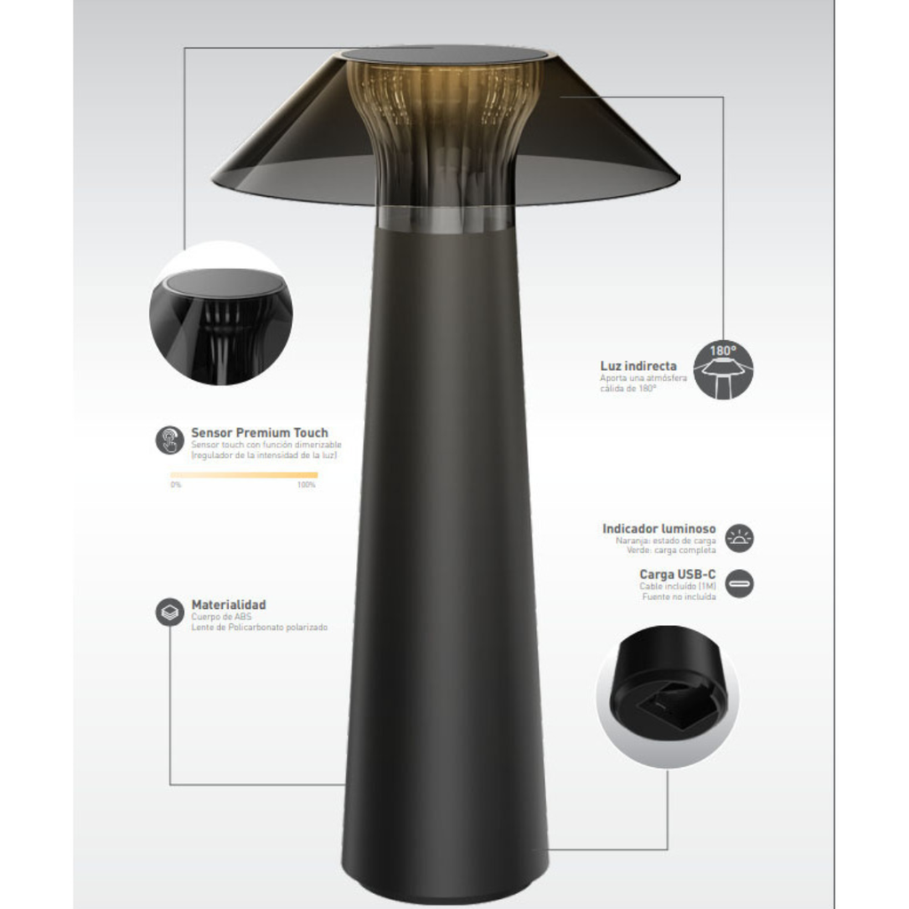 VELADOR A BATERIA TOWER DIMERIZABLE MACROLED, NEGRO, DC5V, 2700K, IP44, 160LM, INCLUYE CABLE USB-C
