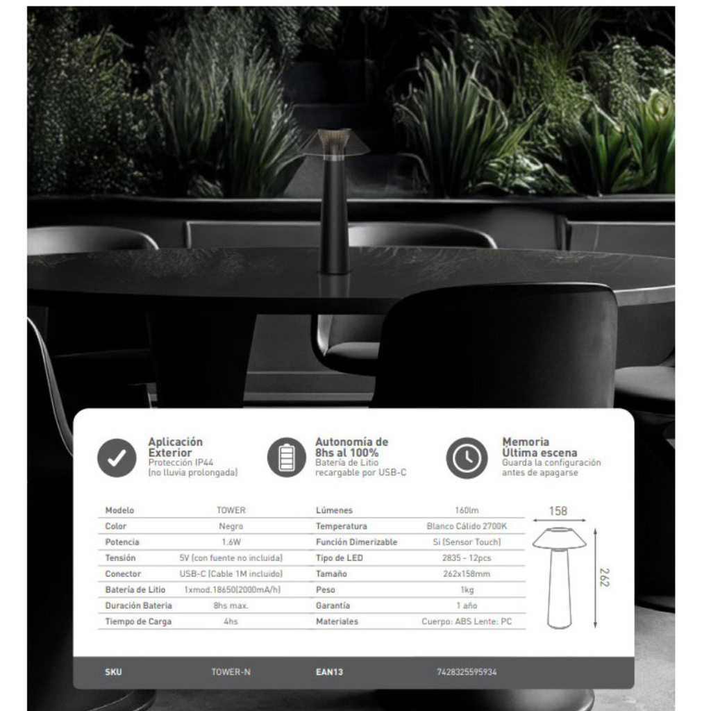 VELADOR A BATERIA TOWER DIMERIZABLE MACROLED, NEGRO, DC5V, 2700K, IP44, 160LM, INCLUYE CABLE USB-C