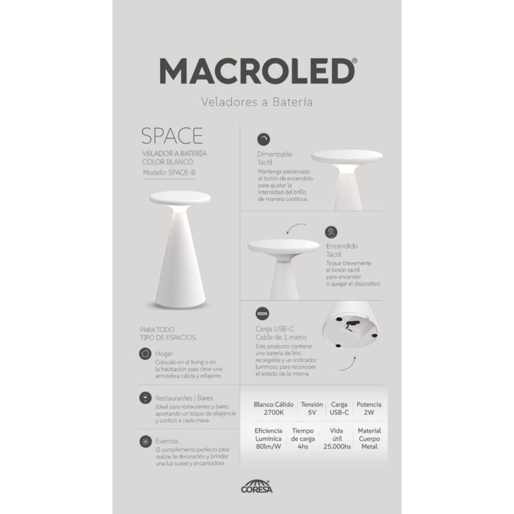 VELADOR A BATERIA SPACE DIMERIZABLE MACROLED, BLANCO, DC5V, 2700K, IP44, 160LM, INCLUYE CABLE USB-C