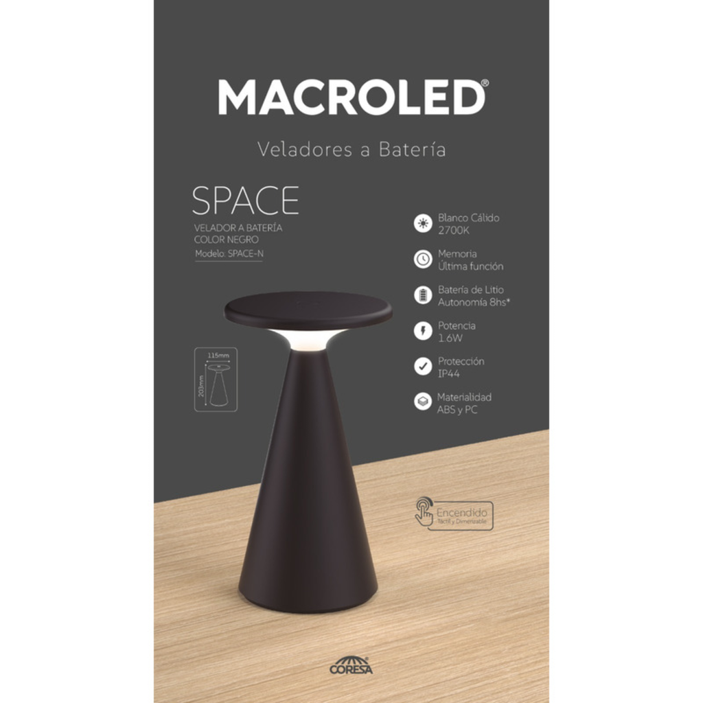 VELADOR A BATERIA SPACE DIMERIZABLE MACROLED, NEGRO, DC5V, 2700K, IP44, 160LM, INCLUYE CABLE USB-C