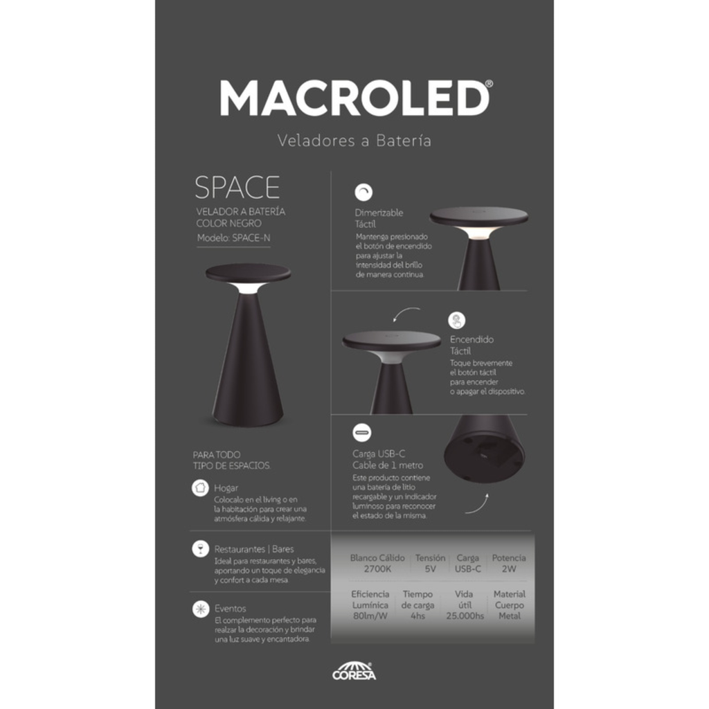 VELADOR A BATERIA SPACE DIMERIZABLE MACROLED, NEGRO, DC5V, 2700K, IP44, 160LM, INCLUYE CABLE USB-C