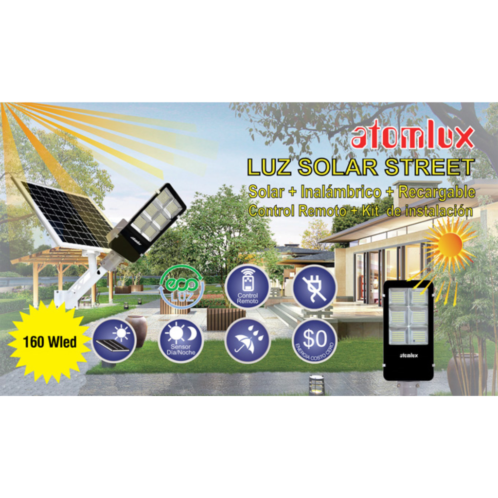 Luz  Solar Street inalámbrica  160WLED - Recargable - Batería de litio incorporada Apto intemperie IP65 - Control Remoto incluido - Modo automático encendido noche apagado de día - Temporizador enc. 3 / 5 / 8Hs. Seleccionable - Apagado manual -  KIT DE INSTALACION (BARRAL) Y MONTAJE SIN CARGO