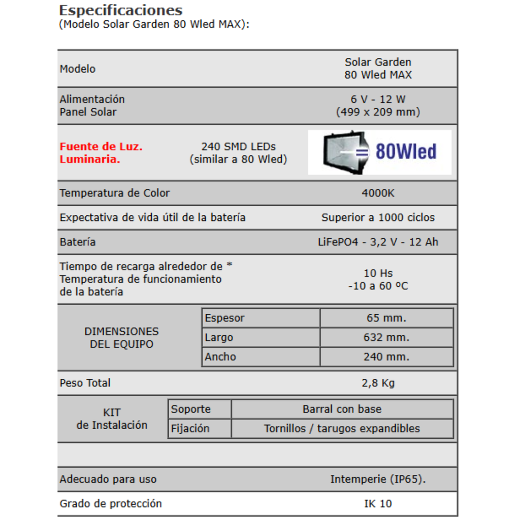 Luz  Solar Garden inalámbrica  80WLED - Recargable - Batería de litio incorporada Apto intemperie IP65 - Control Remoto incluido - Modo automático encendido noche apagado de día - Temporizador + Sensor Mov.enc. 3 / 5 / 8Hs. seleccionable -  Sensor de Movimiento - Enc. / Apagado manual - Ajuste de Brillo KIT DE INSTALACION (BARRAL) Y MONTAJE SIN CARGO