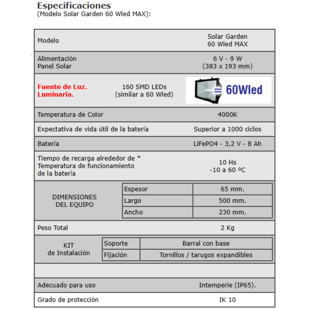 Luz  Solar Garden inalámbrica  60WLED - Recargable - Batería de litio incorporada Apto intemperie IP65 - Control Remoto incluido - Modo automático encendido noche apagado de día - Temporizador + Sensor Mov.enc. 3 / 5 / 8Hs. seleccionable -  Sensor de Movimiento - Enc. / Apagado manual - Ajuste de Brillo KIT DE INSTALACION (BARRAL) Y MONTAJE SIN CARGO