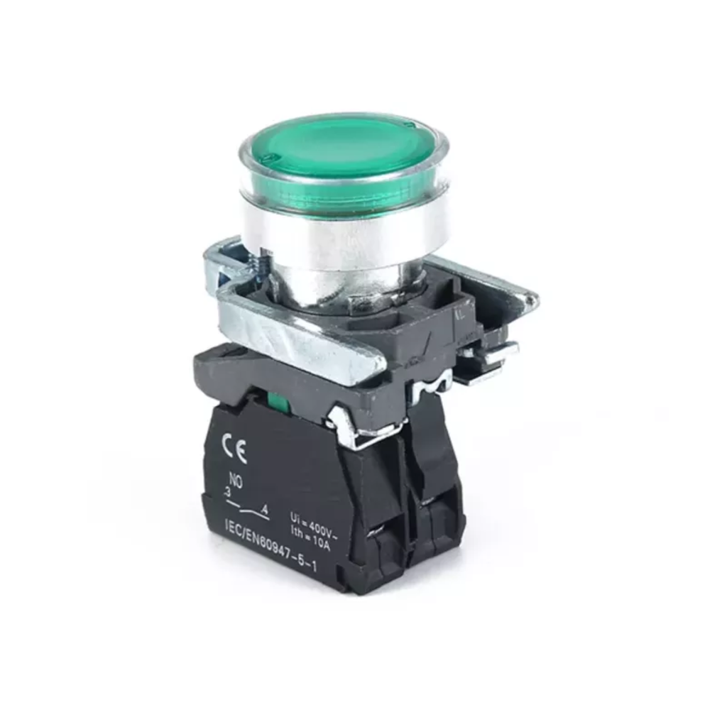 PULSADOR METALICO RASANTE LUMINOSO VERDE (1 NA)