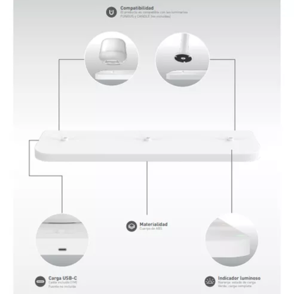 BASE DE CARGA MULTIPLE PARA VELADORES CANDEL Y FUNGUS MACROLED, PUERTOS DE CARGA 3, COLOR BLANCO, INCLUYE CABLE USB-C, DC5V