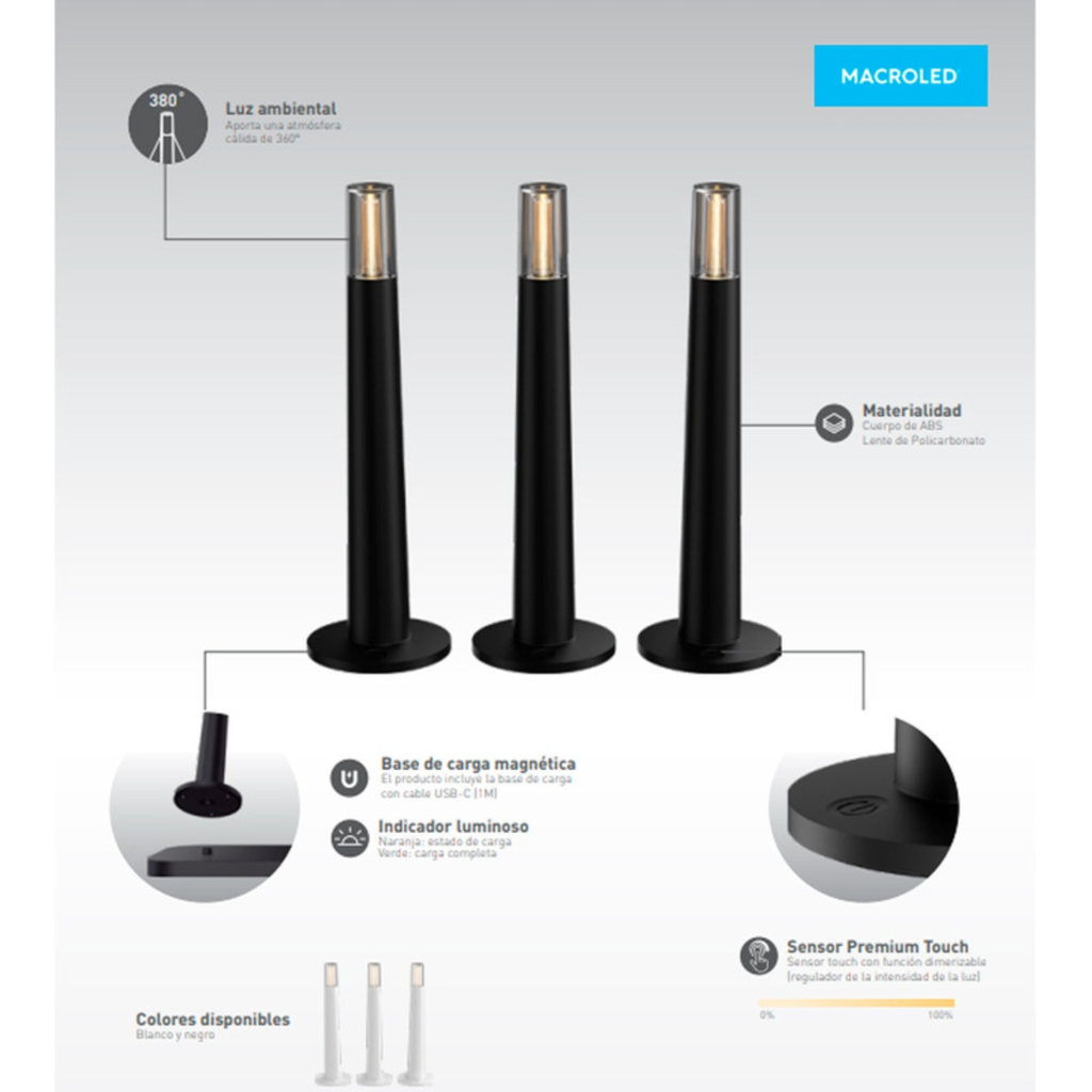 KIT DE 3 VELADOR A BATERIA CANDLE DIMERIZABLE CON BASE DE CARGA MACROLED, BLANCO, DC5V, 2700K, IP44, 50LM
