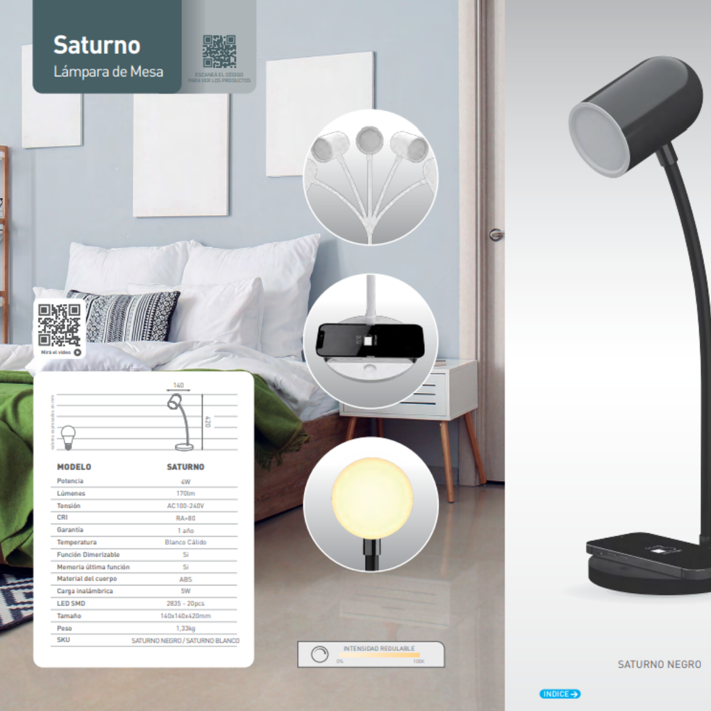 LAMPARA LED VELADOR NEGRO, 4W 230LM, AC100-240V, RA>80, BLANCO CALIDO, DIMEABLE, CARGADOR INALAMBRICO, MEMORIA ULTIMA FUNCION