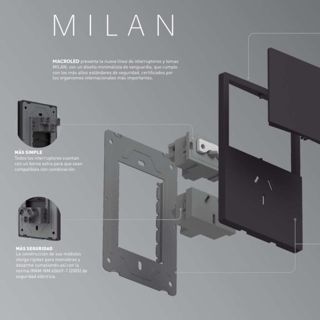 TECLA MILAN NEGRO MACROLED, 2 CANAL, 2 VIAS, AC 250V, 10A MAX. BASTIDOR METALICO