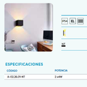 Aplique de pared unidireccional con led integrado 2x4w. Construido en ABS.Uso exterior ip65 negro