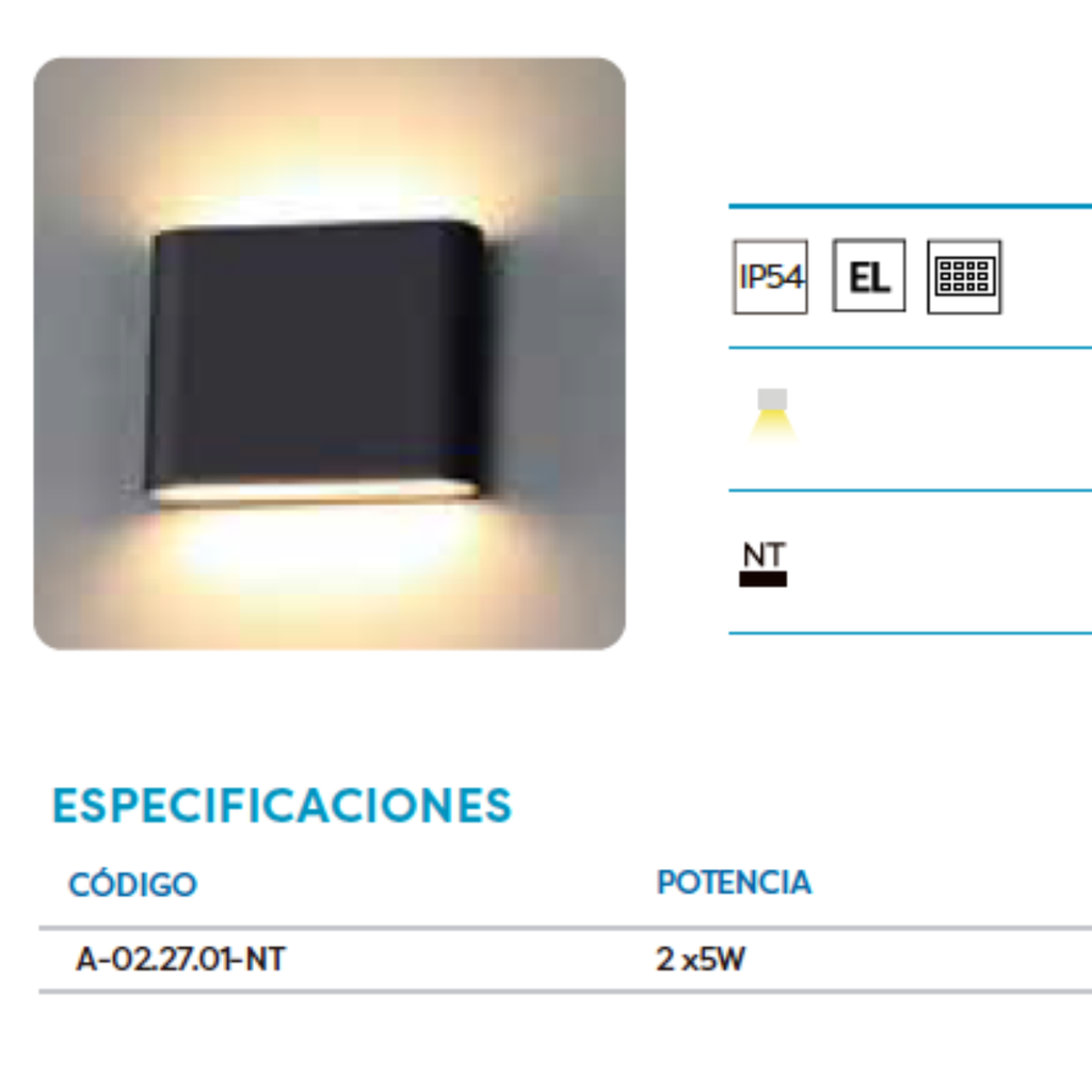 Aplique de pared unidireccional con led integrado 2x5w. Construido en ABS. Uso exterior ip65 negro