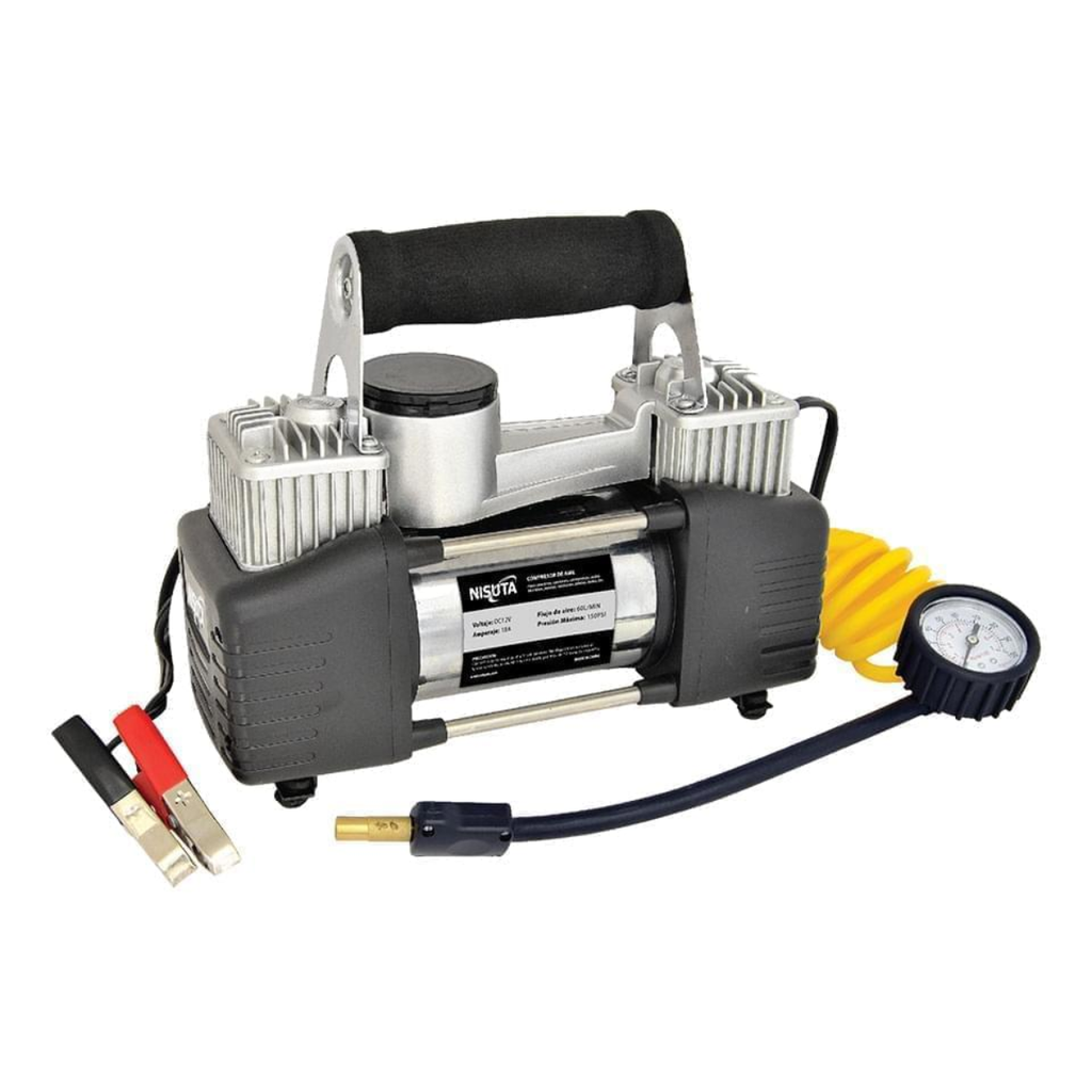 COMPRESOR DE AIRE 60L/MIN METALICO PARA AUTO, CON MANOMETRO, DOBLE CILINDRO Y BOLSO PROTECTOR