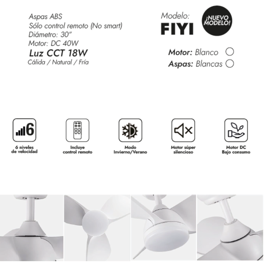 Fiyi Motor Blanco Aspas Blanco con luz  Diam. 30"