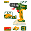 Taladro inalámbrico 1500 rpm/2250 bpm con batería Li-Ion 1.5Ah - Voltaje: 20V - Par máx: 35 Nm - Capacidad del portabrocas: 0,8-10 mm - Ajustes de par: 15+1 - 2 vel - Incluye cargador