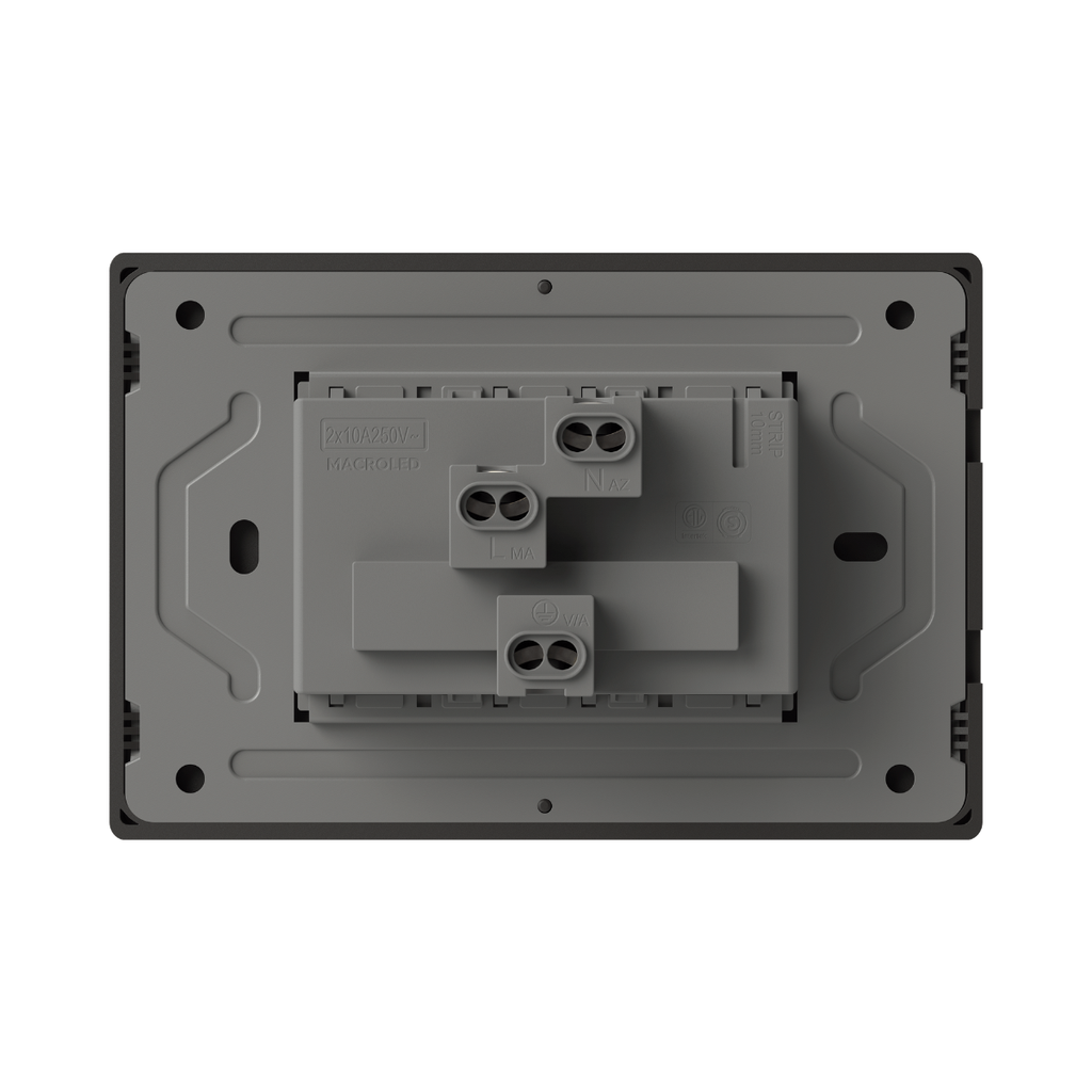 TOMACORRIENTE DOBLE MILAN GRIS MACROLED, AC 250V, 10A MAX. BASTIDOR METALICO