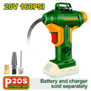 COMPRESOR DE AIRE PARA AUTOMÓVIL INALÁMBRICO - VOLTAJE: 20V - PRESIÓN MÁXIMA: 150 PSI / 10,5 BAR - CON ADAPTADORES DE 3 PIEZAS - NO INCLUYE BATERÍA NI CARGADOR