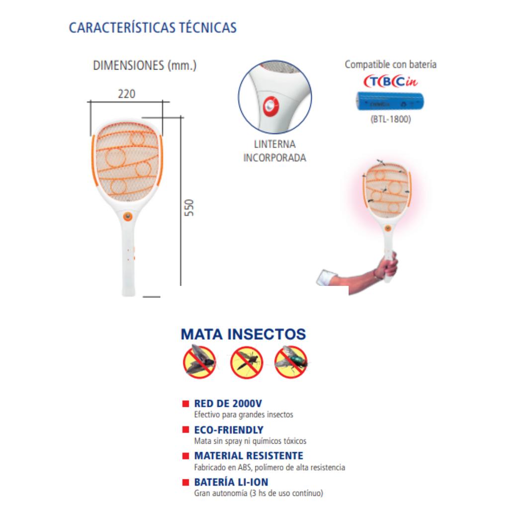 MATA INSECTOS ELÉCTRICOS - 3W - 5V - Red insectocutora 2.000V - Función Raqueta
