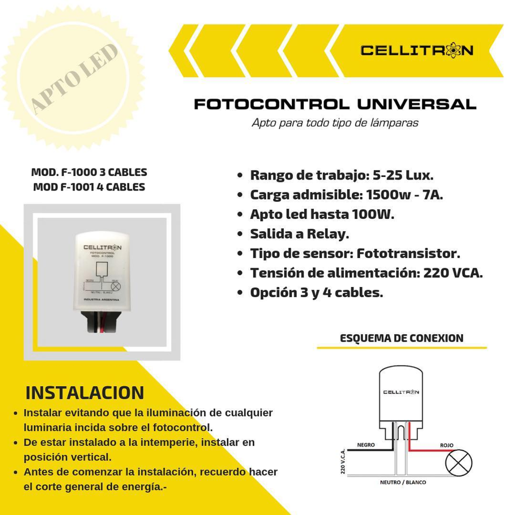 FOTOCONTROL UNIVERSAL 7A 3 CABLES