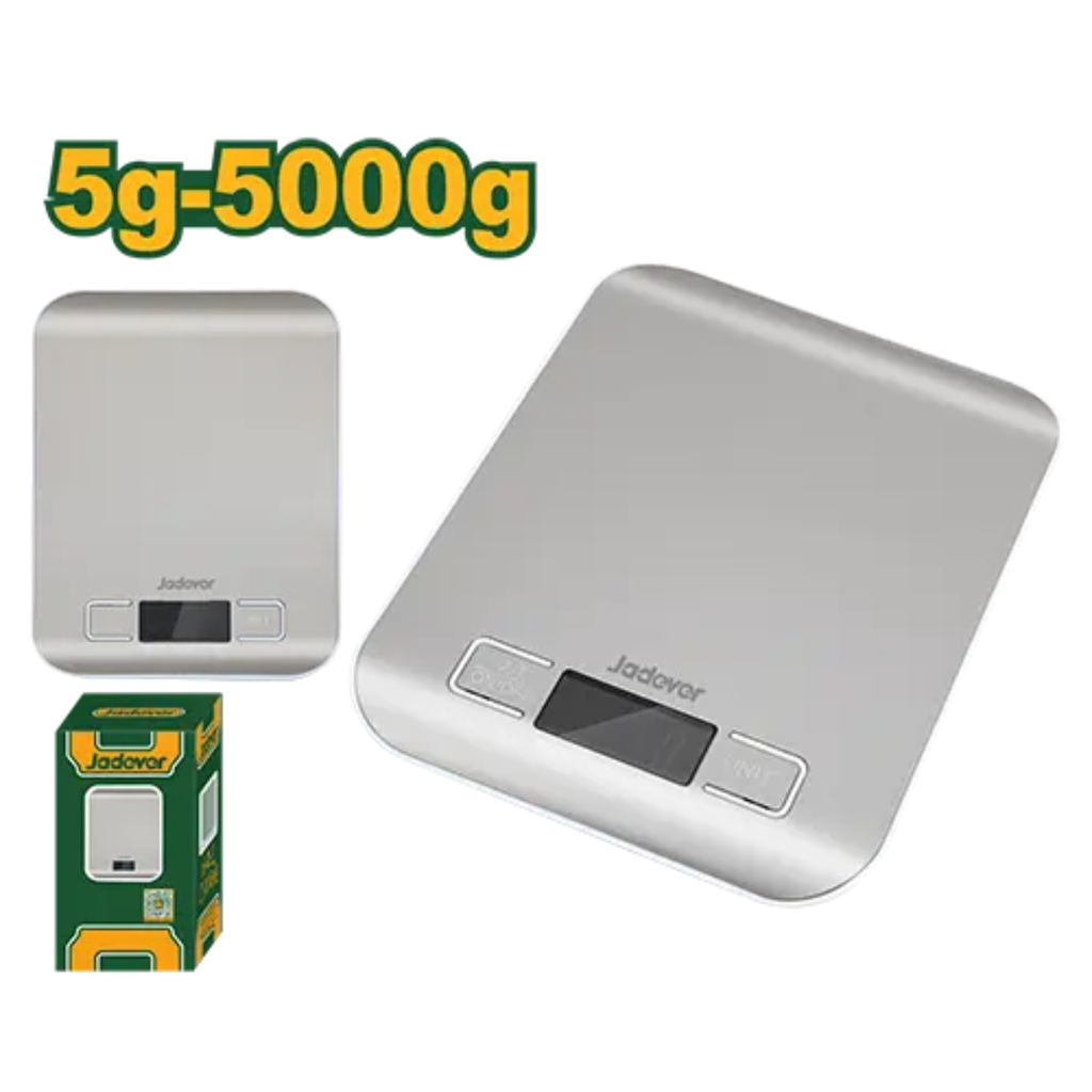 Balanza electrónica de cocina - Capacidad: 5g - 5000g - Unidad: g/lb/ml/oz - Tamaño: 18 x 13.9 x 1.8cm - Acero inoxidable - Apagado automático - Pantalla LCD