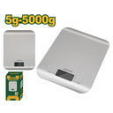 Balanza electrónica de cocina - Capacidad: 5g - 5000g - Unidad: g/lb/ml/oz - Tamaño: 18 x 13.9 x 1.8cm - Acero inoxidable - Apagado automático - Pantalla LCD