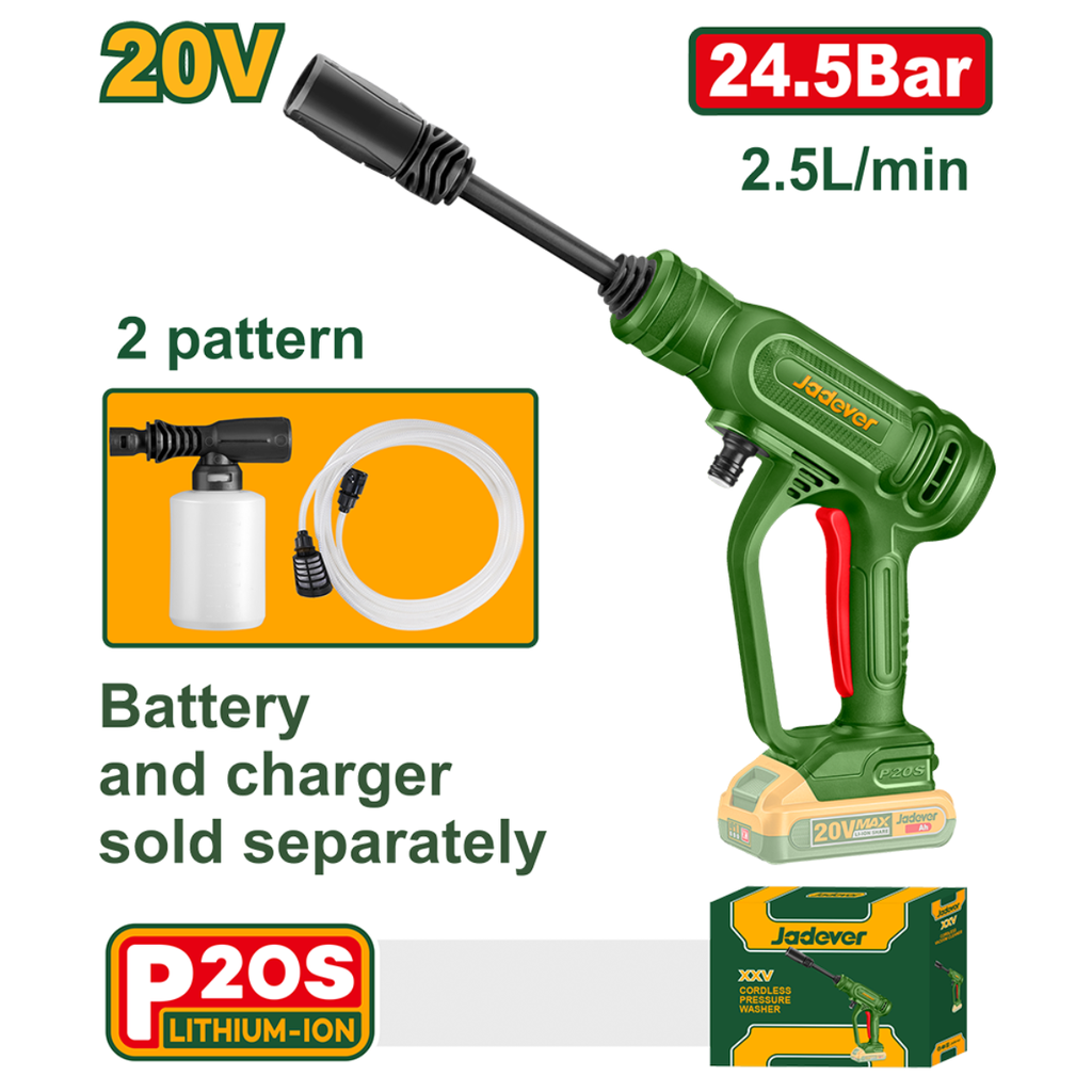 PISTOLA DE HIDROLAVADO INALAMBRICA, TENSION 20V, INCLUYE JUEGO DE PISTOLA, MANGUERA DE ENTRADA DE AGUA 3M CON CONECTOR RAPIDO, PRODUCTOR DE ESPUMA 200ML, NO INCLUYE BATERIA Y CARGADOR