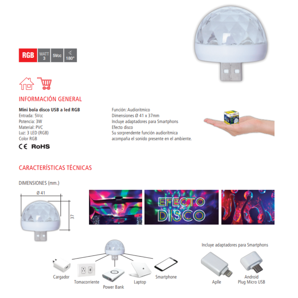 LAMPARA LED ESPECIAL TBCIN PARTY MINI BOLA DISCO USB - RGB 3W - AUDIORITMICA