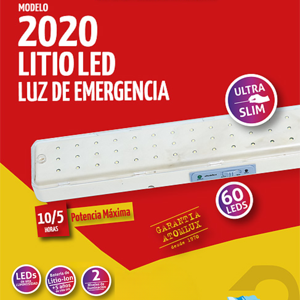 Luminaria Aut. 60 Led's blancos de alto brillo - Batería de Litio Ion - Ultra Slim -   Autonomía 10/5Hs. - 2 niveles de iluminación 