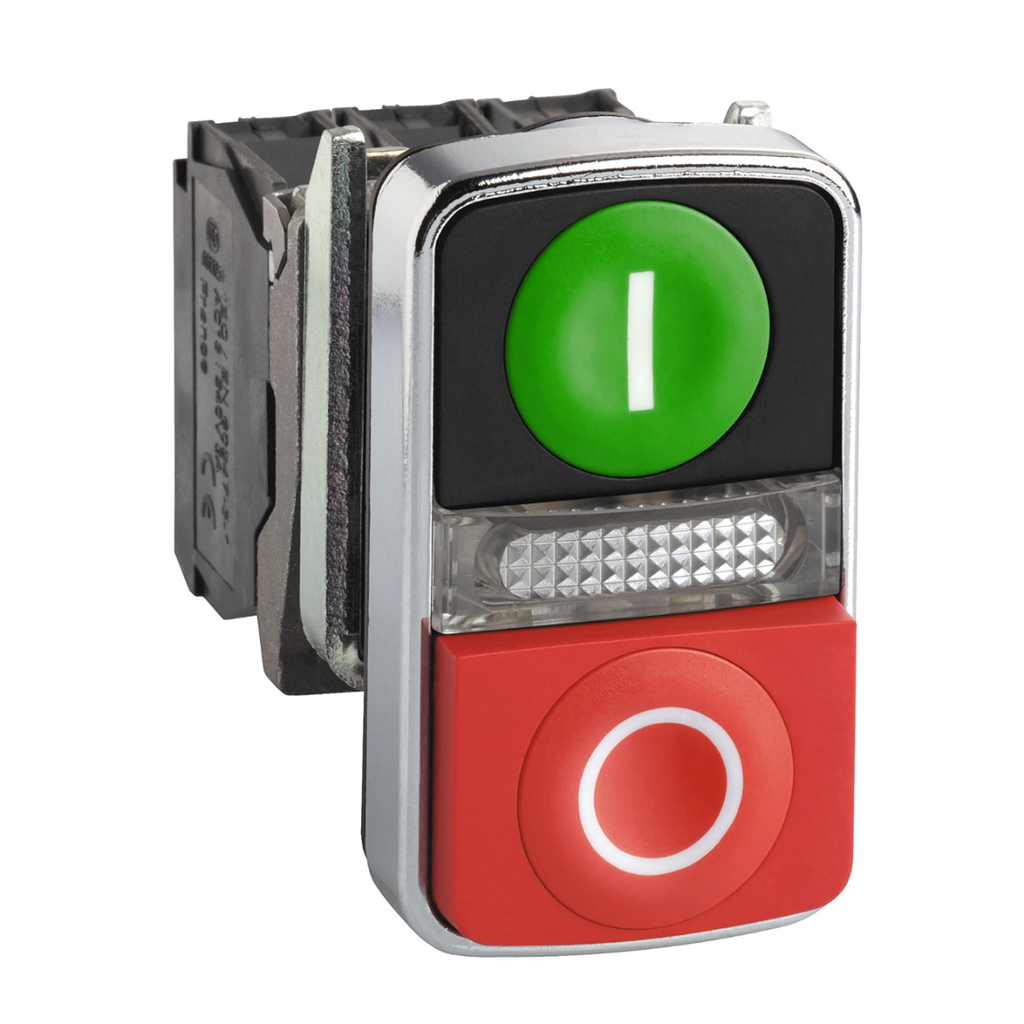 Pulsador Doble Verde Rasante/Rojo Saliente, luminoso, metálico, 1NA+1NC, led 230VAC