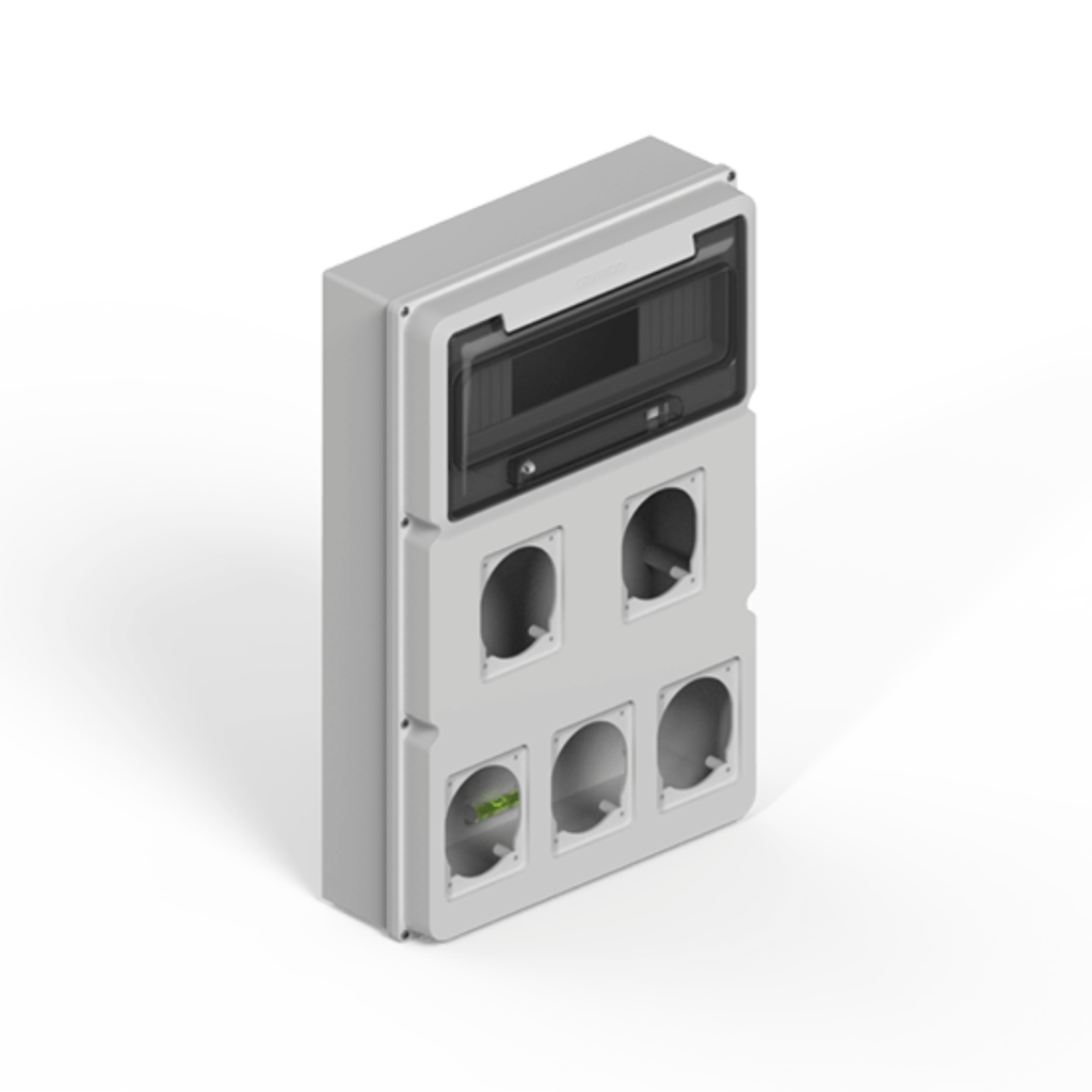 Caja IP65 p/12 polos DIN + dos módulos p/4 tomas encapsuladas - gris