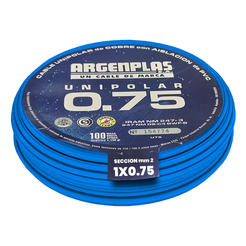 Cable Unipolar 1 x 0.75 mm Argenplas Celeste