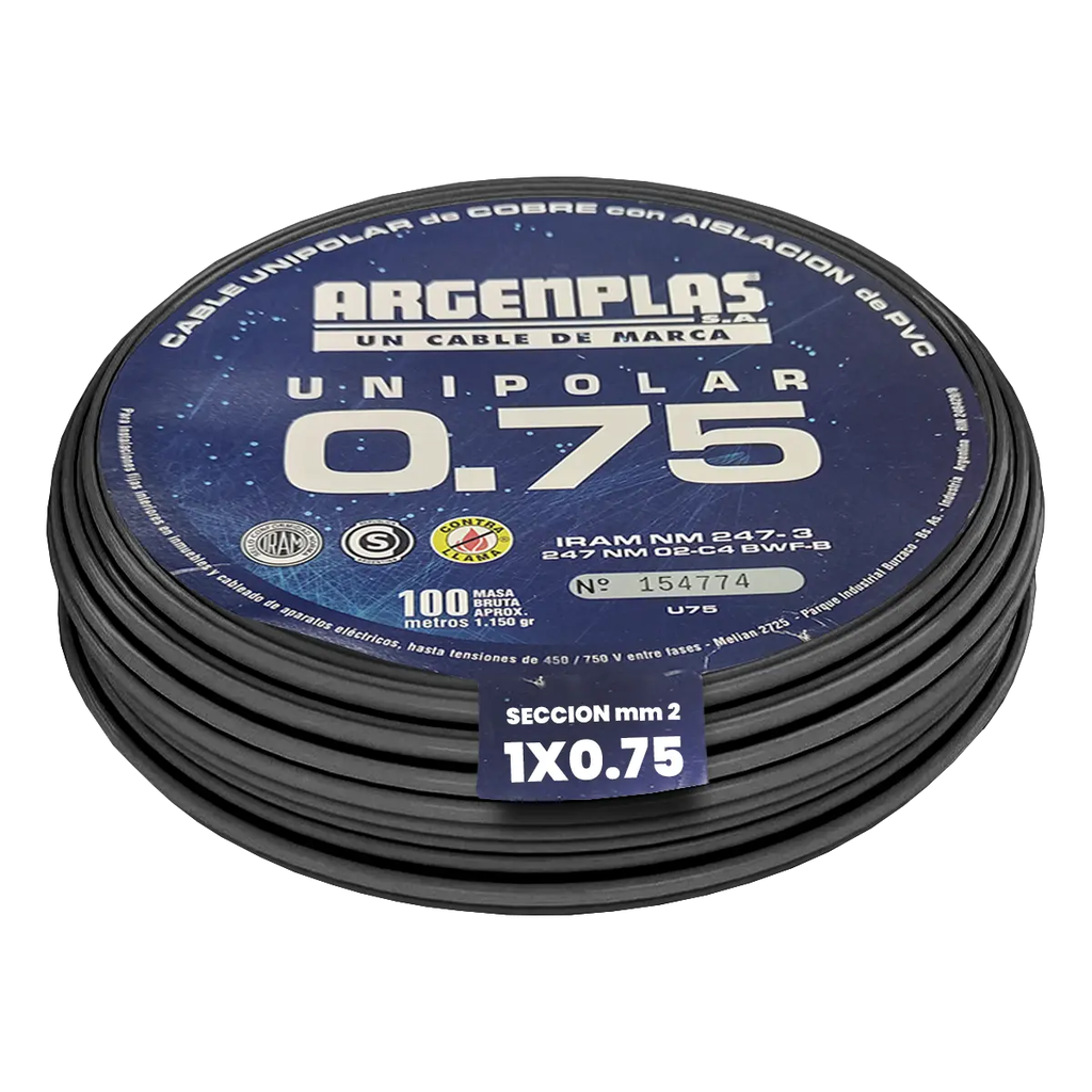 Cable Unipolar 1 x 0.75 mm Argenplas Negro