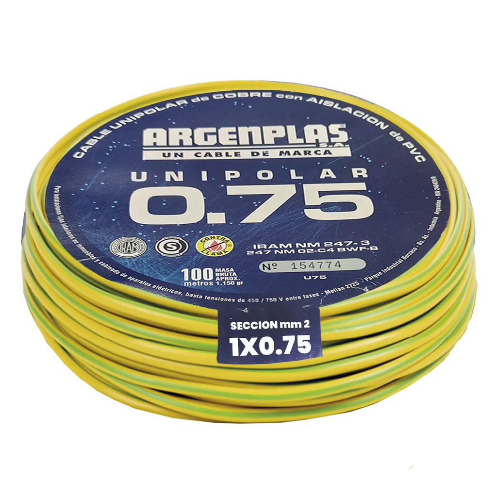 Cable Unipolar 0.75 mm Argenplas Verde Amarillo