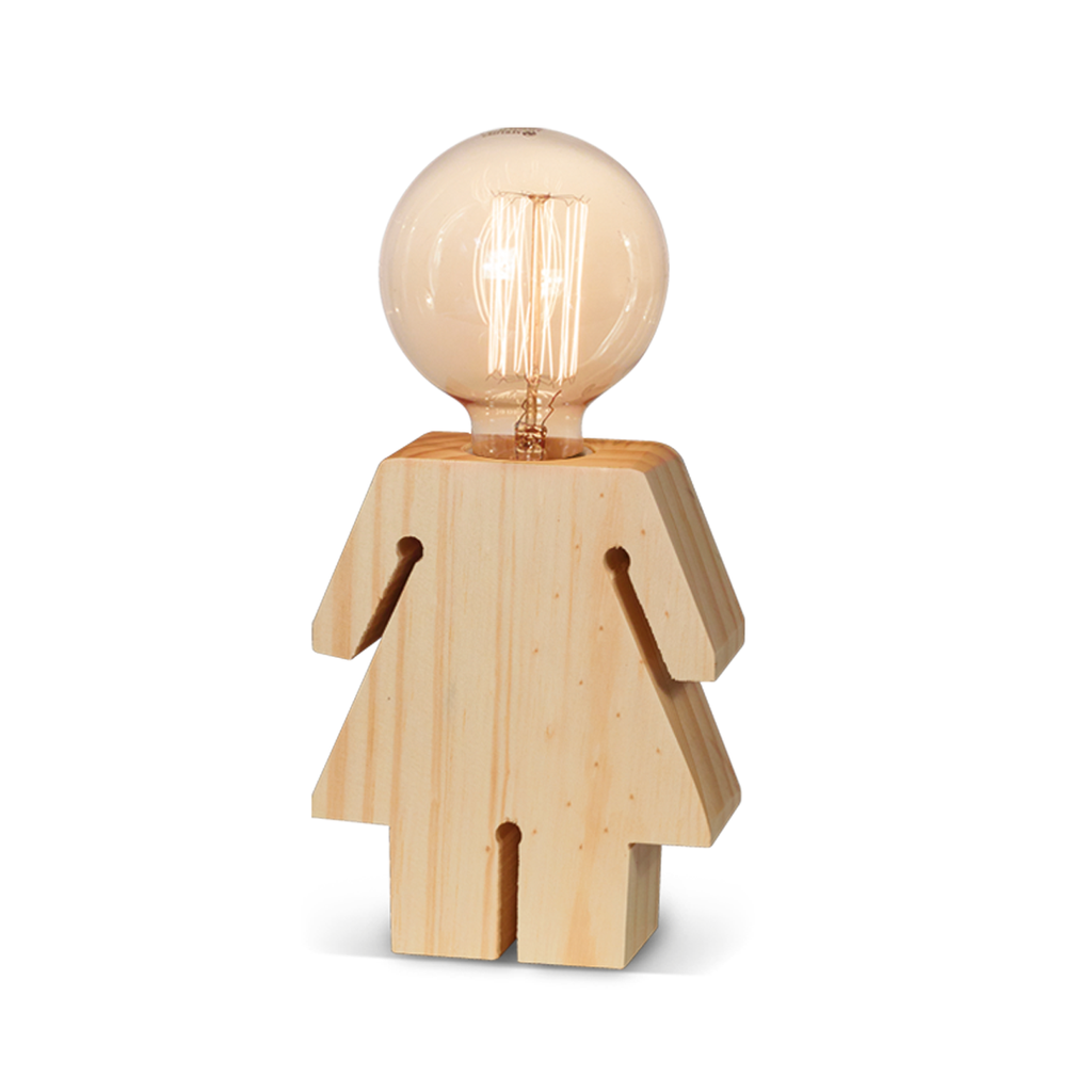VELADOR DE MADERA EN TONO NATURAL SILUETA NENA ALTURA 15CM ANCHO 12CM PARA E27.