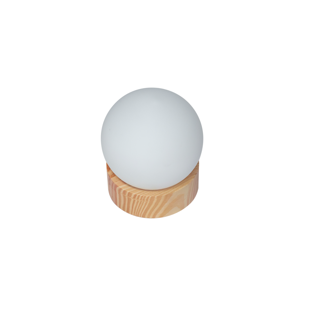 VELADOR ESFERA DE VIDRIO CON BASE EN MADERA COLOR NATURAL DIAMETRO DE LA BASE 10 CM PARA E27