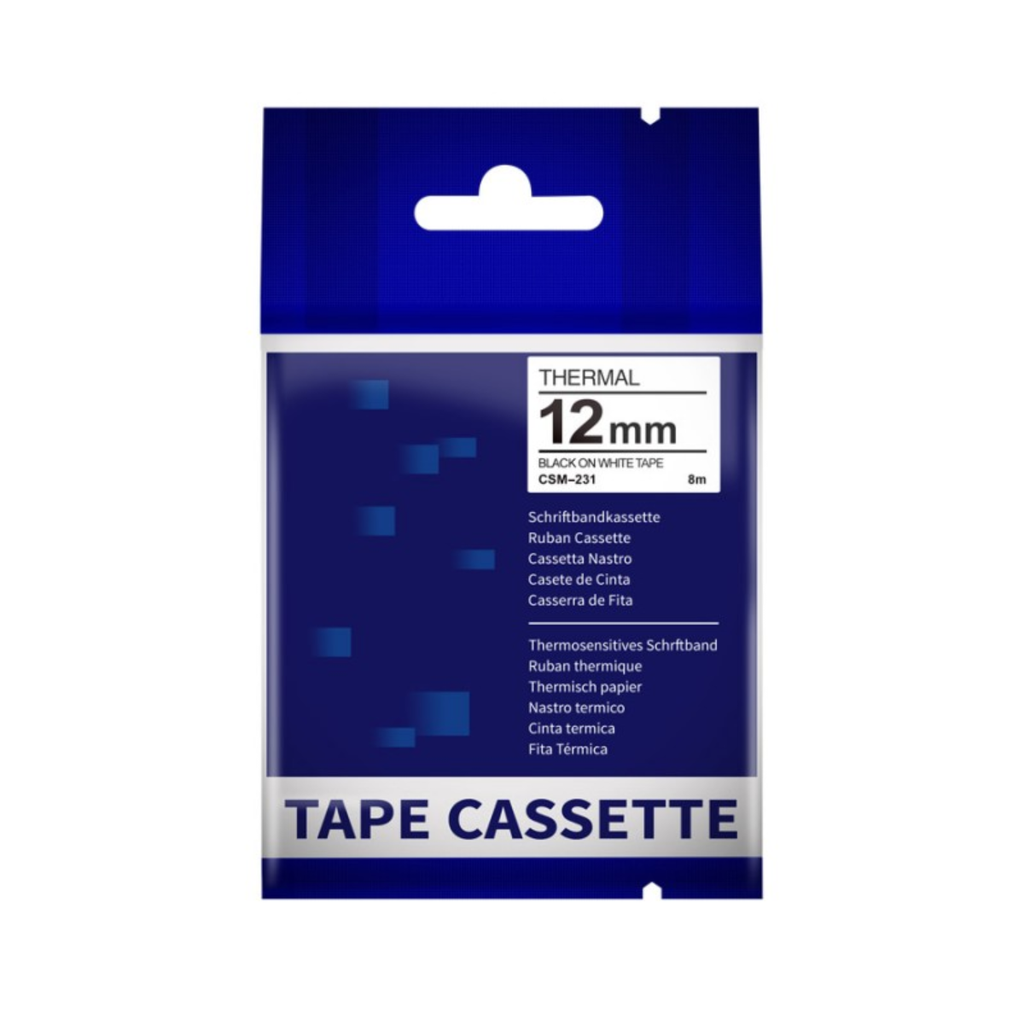 Cinta no laminada, Letra Negra Fondo Blanco 12mm.