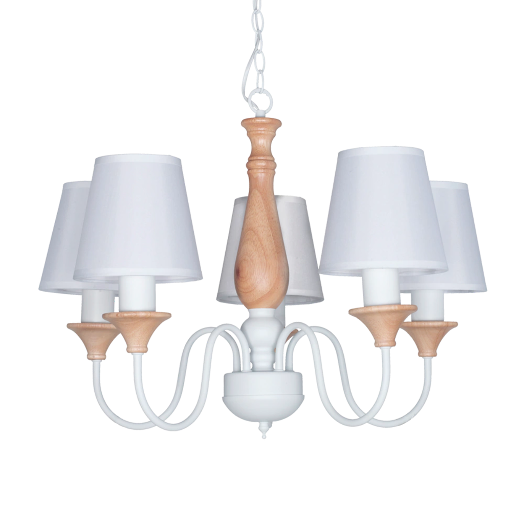 Araña 5L caño blanco con madera y pantalla de tela