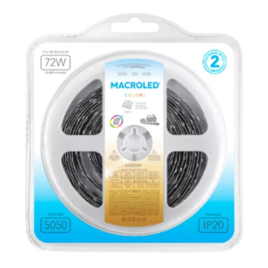 Tira 5050 IP20 DC12V 14,4W 5MTS Macroled ambar 2300k