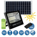 Luz  Solar inalámbrica  100WLed - Recargable - Batería de Litio incorporada - Apto   intemperie IP65 - Direccionable - Control Remoto Incluido - Encendido, Modo  automático / brillo ajustable / temporizador automático durante 1 a 8 Horas  -  Display indicador de nivel de batería.