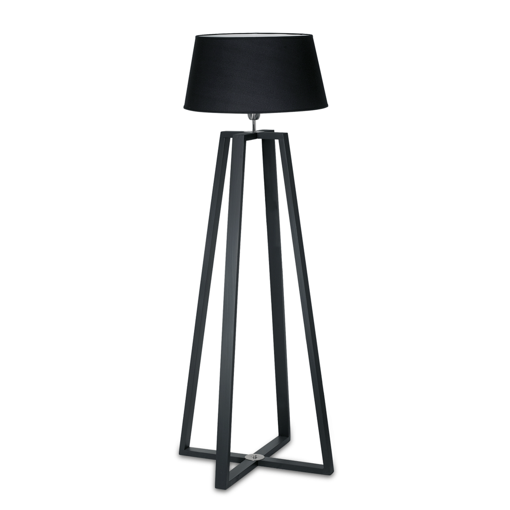 LÁMPARA DE PIE CRUZ EN MADERA PINTADA DE NEGRO MATE CON PANTALLA 40X50X25 DE LINO NEGRO ALTURA TOTAL 155CM