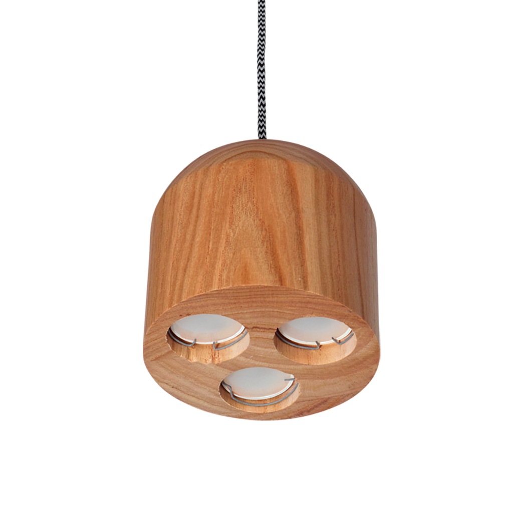 COLGANTE MADERA PARAISO DE TRES LUCES CAMPANA DE 15 CM X 15 CM PARA GU10, CON CABLE TEXTIL TIPO PLANCHA