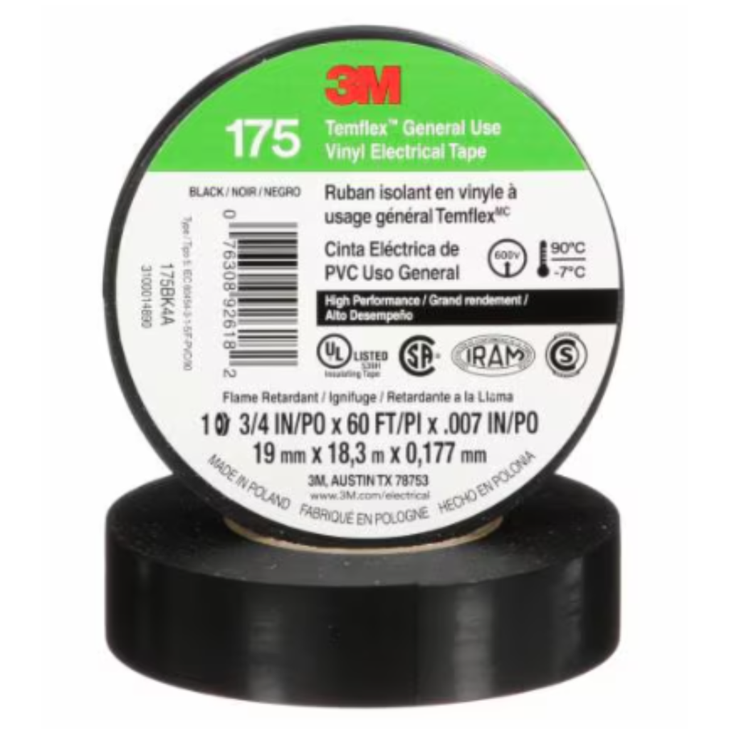 Cinta Aisladora de Vinilo 3M™ Temflex™ 175, Negra, 19 mm x 9.14 m