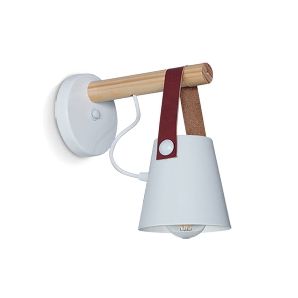 Dis-APLIQUE DE UNA LUZ EN MADERA NATURAL CON DETALLES EN CUERO Y TERMINACIONES METÁLICAS BLANCAS ALTURA 25 CM. ANCHO 25 CM